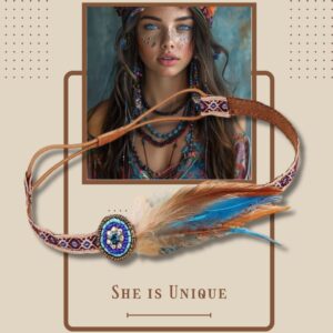 Young woman with blue eyes in vibrant bohemian jewelry and floral headpiece, and a colorful feather headband, showcasing boho chic style