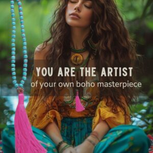 Young woman in vibrant bohemian outfit with layered jewelry, sitting outdoors, showcasing boho chic style