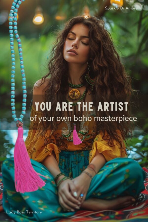 Young woman in vibrant bohemian outfit with layered jewelry, sitting outdoors, showcasing boho chic style