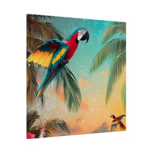 Vibrant tropical wall art featuring colorful parrots, lush palm trees, and hibiscus flowers with a serene beach and sunset in the background.