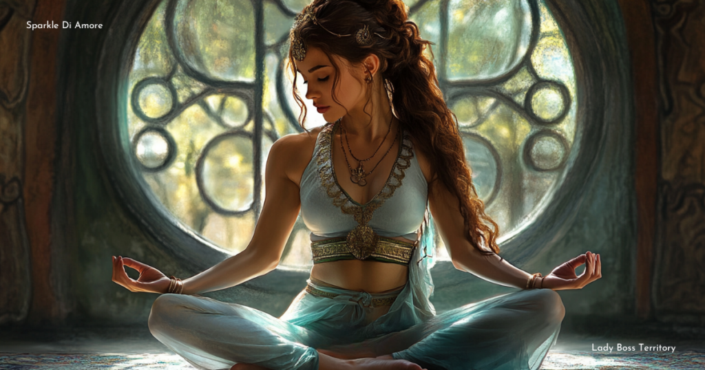 A woman in an elegant yoga pose, meditating in a peaceful space with soft lighting and spiritual decor, embodying calmness and mindfulness.