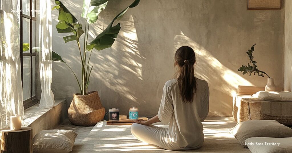 A serene yoga space with a woman meditating by the window, bathed in natural light, surrounded by minimal decor, plants, and candles.