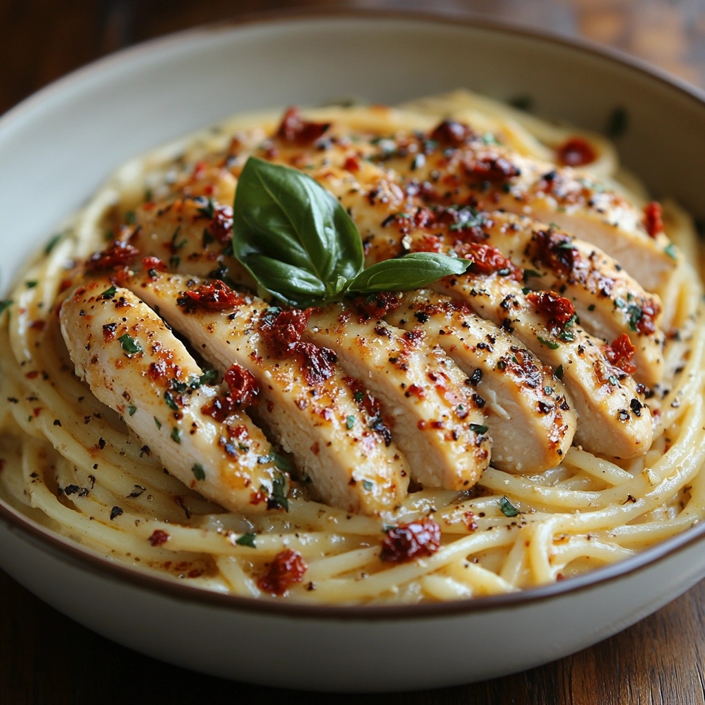 Classic Marry Me Chicken Pasta with creamy sauce, sun-dried tomatoes, tender chicken breast, and fresh basil garnish in a bowl