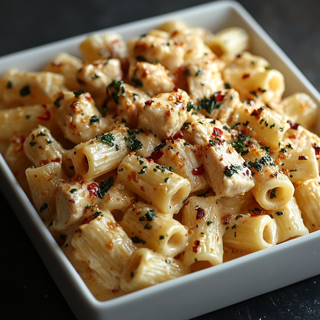 Gluten-free Marry Me Chicken Pasta served with creamy sauce, tender chicken, and gluten-free rigatoni, garnished with parsley and red pepper flakes