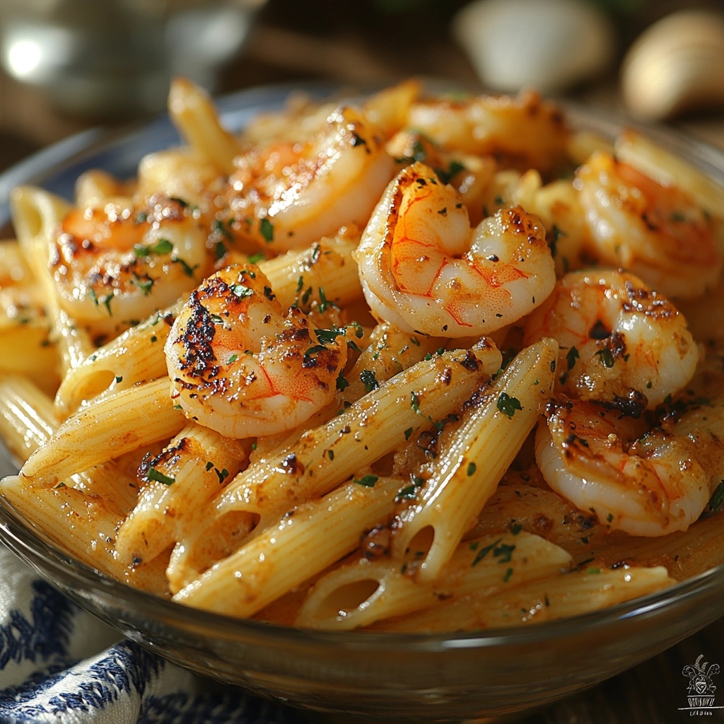 Seafood Lover’s Marry Me Chicken Pasta served with penne pasta, creamy sauce, and seared shrimp, garnished with fresh parsley