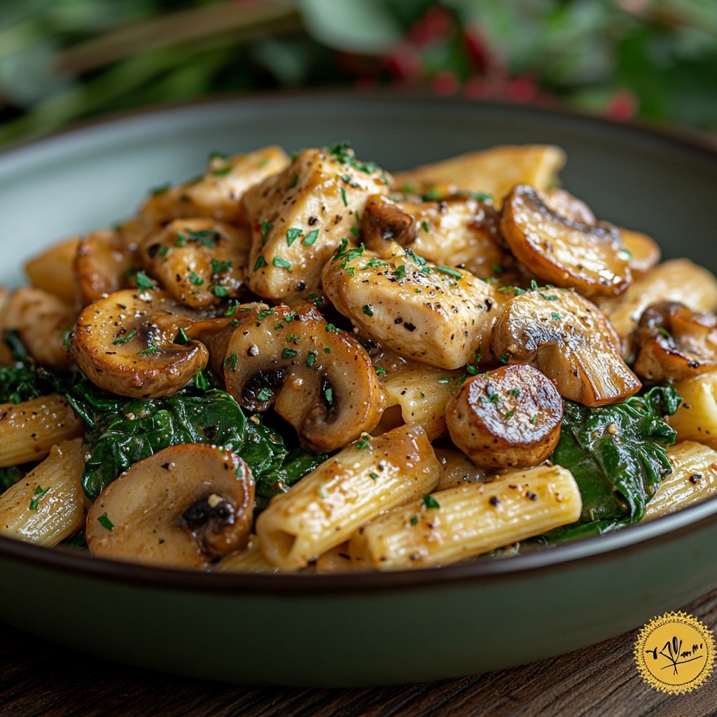 Spinach and Mushroom Marry Me Chicken Pasta with sautéed mushrooms, tender spinach, and creamy garlic parmesan sauce served over rigatoni