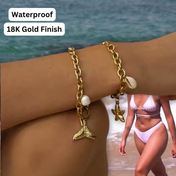 Model wearing a Waterproof 18K Gold Finish Boho Bracelet at the beach, showcasing durability and style