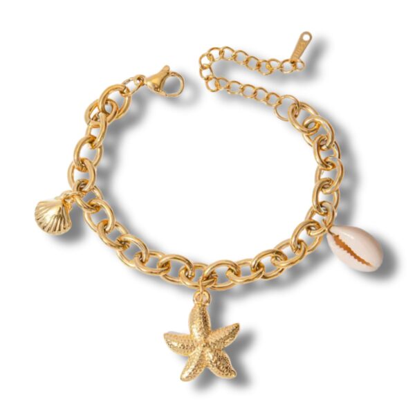 Gold Boho Charm Bracelet with Starfish and Shell Charms, Waterproof and Hypoallergenic