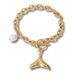 Waterproof Gold Boho Charm Bracelet with Mermaid Tail Pendant and Pearl