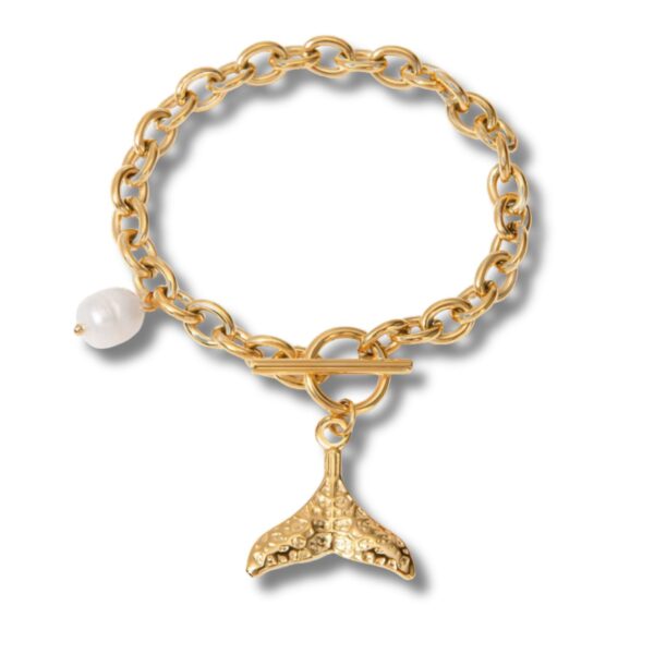 Waterproof Gold Boho Charm Bracelet with Mermaid Tail Pendant and Pearl